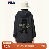 FILA斐乐官方女装外套秋季上衣多彩潮流加绒保暖开衫连帽小熊外套 正黑色-F51W138599FBK(加绒) 170/88A/L