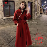 AEMAPE毛呢外套女2025春秋韩版宽松系带加厚双面绒百搭显瘦长款大衣女 红色  S _建议105-115斤