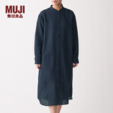 无印良品 MUJI 女式 法国亚麻水洗 立领连衣裙 BCL05C0S 深海军蓝 M