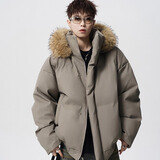 埖煦PU皮可拆卸毛领羽绒棉服男面包服棉衣加厚短款棉袄男冬季保暖外套 卡其色 XL