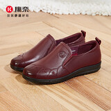 康奈 女鞋中老年妈妈鞋休闲套脚平底鞋轻软舒适真皮老人鞋 酒红色 39