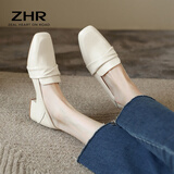 ZHR乐福鞋女一脚蹬真牛皮粗跟单鞋懒人鞋方头舒适英伦皮鞋女BL66米35