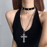 靓做暗黑y2k辣妹风皮质铆钉choker叠戴十字架项链女个性亚文化锁骨链 银色十字架皮绳套装