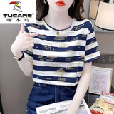 啄木鸟（TUCANO）短袖T恤女字母印花条纹女士t恤短袖2025夏天新款韩版百搭圆领 蓝色 【优质】 2XL 建议130-155斤