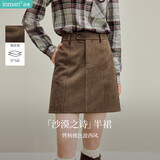 茵曼麂皮绒复古短裙2026秋女装新款高腰显瘦A字半身裙 深咖啡 L