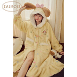 果壳（Gukoo）睡衣女冬季新款多款可爱女家居服保暖连帽卡通睡袍 奶黄 S