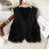 她池V领马甲2025秋装新款女装时尚双排扣毛绒拼接马夹短上衣