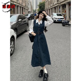 薇衣设2025新款套装春秋季百搭设计感小众法式牛仔长裙女冬季背心连衣裙 衬衣+牛仔裙+腰带 M 90-110斤
