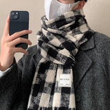 彩卡莹秋冬新款围巾男韩版时尚百搭流苏披肩加厚保暖围脖男防风防寒 格子贴布围巾—黑色