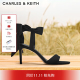 CHARLES&KEITH一字带缎面蝴蝶结绑带高跟凉鞋子女鞋生日礼物CK1-61720177 BLACK TEXTURED黑色纹理 35
