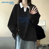 真维斯（Jeanswest）卫衣女秋新款2026Polo领学院风印花宽松外套小个子薄款上衣服潮流