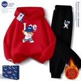 NASA STONE联名男童连帽卫衣套装秋冬2025新款中大童男孩加绒儿童春季运动服 红色+黑裤子（加绒款二） 140 儿童尺码推荐【62-70斤】