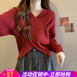 欧贝汐毛衣女交叉设计感V领红色春秋冬慵懒风内搭打底针织衫圣诞新上衣 红色 均码