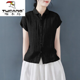 啄木鸟（TUCANO）棉麻衬衫女日系出口尾单棉麻纯色短袖衬衫女夏休闲显瘦上衣亚麻翻 黑色 L 【120-135斤】
