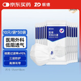 振德一次性医用外科口罩白色 夏季薄款透气防晒防粉尘过敏 10只*30袋