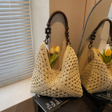编织包女款2025年草编包海边度假沙滩镂空包大容量单肩包托特包 米白色【2025年夏季新款】 袋口磁扣款【长36cm*高38cm】
