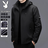 花花公子（PLAYBOY）冲锋衣男士秋冬季三合一夹克连帽户外休闲外套 黑色 XL