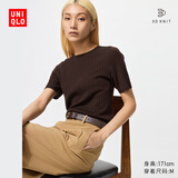 优衣库女装3D精纺美利奴羊毛罗纹圆领针织衫/5分袖480188 39 棕黑色 XL /165/92A