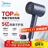 美的（Midea）5亿等离子护发电吹风 家用负离子吹风筒 1800W大功率 便携吹风机 FJ308蓝 节日/生日礼物推荐 