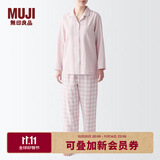 无印良品（MUJI） 女式 无侧缝双层纱织睡衣女士家居服春秋纯棉条纹格纹长袖 女款 浅粉红色格纹 XL (上装165/92A下装165/74A)