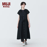 无印良品（MUJI）女式 强捻法国袖连衣裙 女装裙子夏季纯棉全棉衬衫连身裙BC2JGC4S 黑色 L(165/88A)