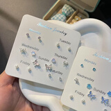 NSYCA老凤凰9999纯银甜酷ins森系清新可爱甜美小蝴蝶耳钉优雅百搭耳骨 蝴蝶套装【7对蓝+7对粉】老凤祥同款