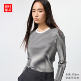 优衣库女装柔软罗纹条纹圆领T恤长袖百搭打底内搭480036 01 乳白色 3XL /170/108C