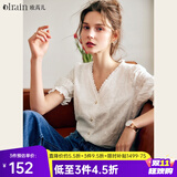 Olrain欧芮儿白色V领短袖衬衫女夏季宽松泡泡袖重工刺绣蕾丝衫衬衣女 白色 XL