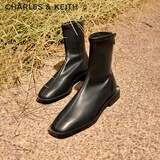 CHARLES&KEITH复古方头拉链低跟时装靴短靴踝靴子女靴生日礼物CK1-90900090 Black黑色 36
