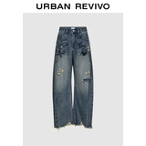 UR2025秋季新款女装潮流涂鸦破洞磨破弯刀牛仔长裤UYV850150