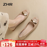 ZHR浅口单鞋女春秋粗跟通勤女鞋优雅方扣真牛皮船鞋女 AH378 杏色 38
