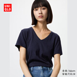 优衣库女装竹节纱V领T恤/短袖棉白T上衣打底内搭春夏新款483576 69 藏青色 XS /150/76A