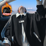 主意范（ZHUYIFAN）美式条纹休闲开衫卫衣男秋冬加绒加厚潮牌学院风情侣运动夹克外套 A001-5089J黑色加绒 XL 125-145斤