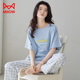 猫人纯棉夏季睡衣女短袖长裤韩版款简约夏天薄款圆领大码可外穿居家服 1358天蓝色 2XL （建议140-160斤）