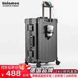 乌尼莫克（Uniamog）德国品牌新款行李箱拉杆箱多功能旅行箱结实耐用登机箱密码皮箱子 曜岩黑-USB充电 水杯座 承重挂钩 20英寸 /弹簧减震刹车轮+手机支架