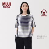 无印良品（MUJI）女式 条纹 圆领短袖T恤 上衣打底衫女款内搭女装女士 藏青色条纹5S M (160/84A)