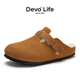 Devo的沃软木包头勃肯鞋毛毛拖鞋加绒内里半包半拖休闲情侣鞋66001 黄棕反绒皮+羊毛 36 （建议正码正拍）