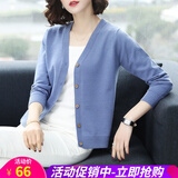 针织衫女春秋冬季新款针织开衫长袖韩版宽松外搭V领百搭毛衣短款披肩薄款外套 蓝色 均码