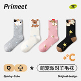 PRIMEET派米羊毛袜子女春秋加厚保暖中筒袜卡通腊肠狗复古条纹堆堆袜长袜
