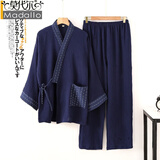莫代尔日式简约和服纯棉纱布睡衣男士春秋大码200斤家居服长裤套装汉服 藏青色条纹拼接和服套装 M 《建议140斤之内》