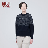无印良品 MUJI 女式美利奴羊毛图案编织圆领毛衣长袖针织衫毛线衣费尔岛 藏青色图案 XL （165/92A）