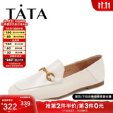他她（TATA）方头乐福鞋女休闲平底一脚蹬小皮鞋女单鞋春秋款FLC22AM4 米色 38