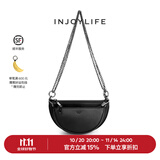 INJOYLIFE复古马鞍包通勤休闲流浪包双链条包斜挎包包半圆子母包 黑色