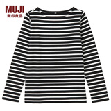 无印良品 MUJI 女式 粗棉线条纹长袖T恤 黑*横条 S