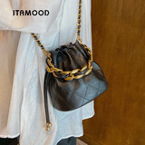 妙迪生日礼物女质感羊皮菱格链条小香风水桶包单肩斜挎包包