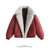 宾迪肯（BINDIKEN）座山雕皮毛一体棉服男款冬季新款设计美式翻领棉袄加绒加厚外套 红色 XL （130-145斤）