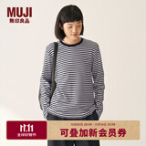 无印良品（MUJI）女式 双罗纹编织 圆领长袖T恤 上衣打底衫女装25年秋季 黑色条纹 M (160/84A)