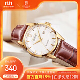 ROCOS品牌简约气质复古时尚女士手表女表防水皮带石英表女表礼物送女友 金壳白面棕带 【雷克斯手表】