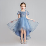小咔衣浓小女孩公主裙女童花童婚礼蓬蓬纱儿童晚礼服主持人钢琴演出服大童 蓝色前短后长 140