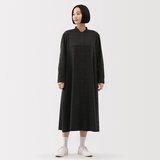 无印良品（MUJI）女式 法兰绒 立领长袖连衣裙女装裙子纯棉连身裙25年秋季 炭灰色格纹 S (155/80A)
